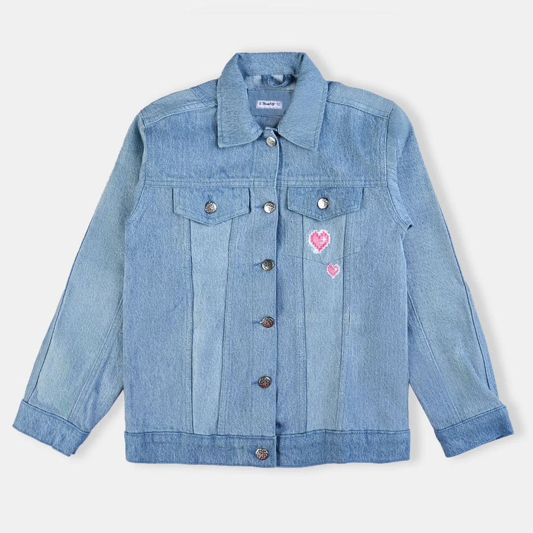 Teens Girls Denim Jacket Heart Embroidered - Ice Blue