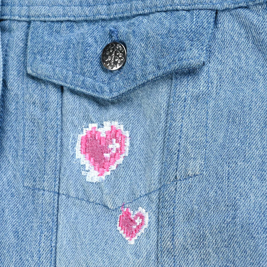 Teens Girls Denim Jacket Heart Embroidered - Ice Blue