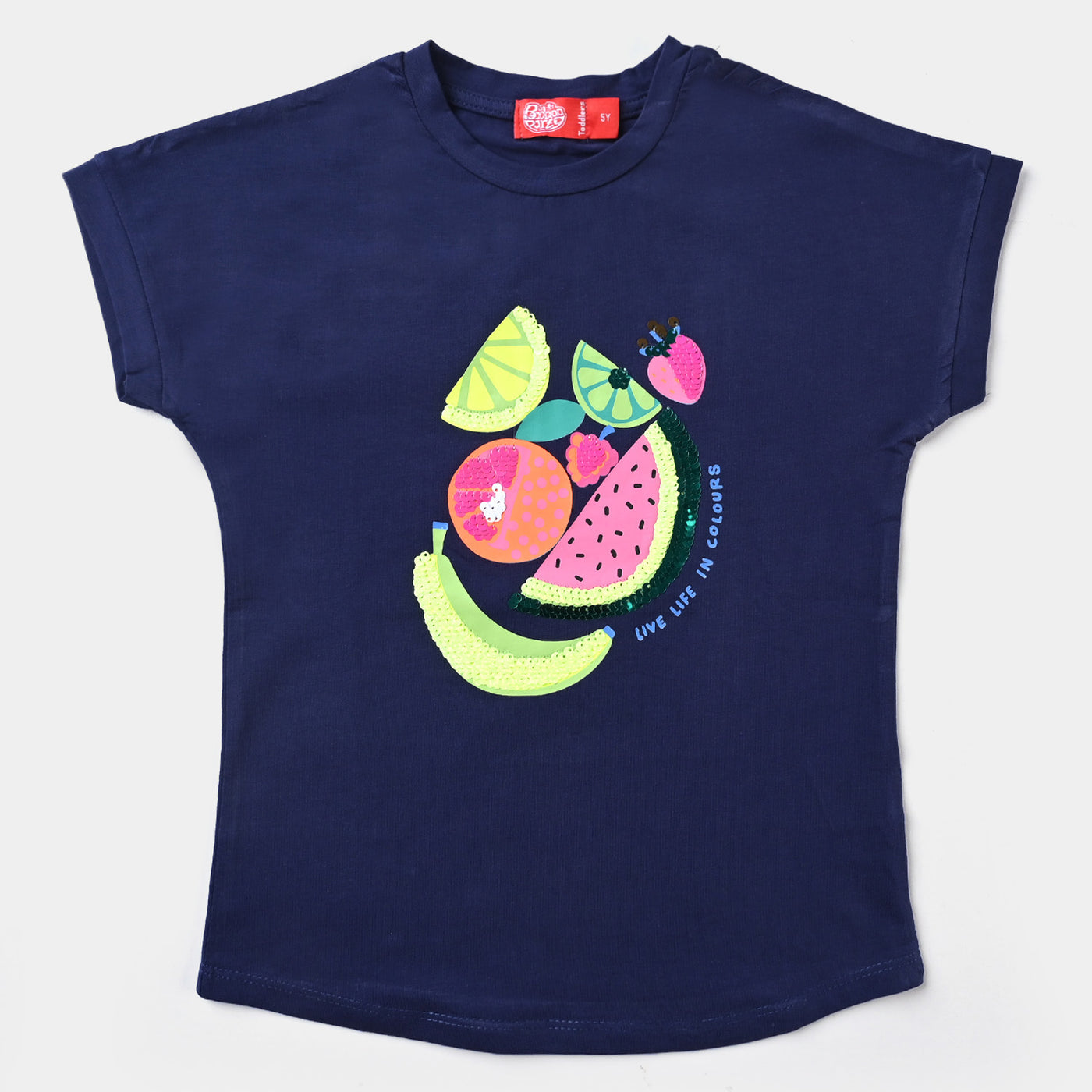 Girls Lycra Jersey T-Shirt Fruits-NAVY