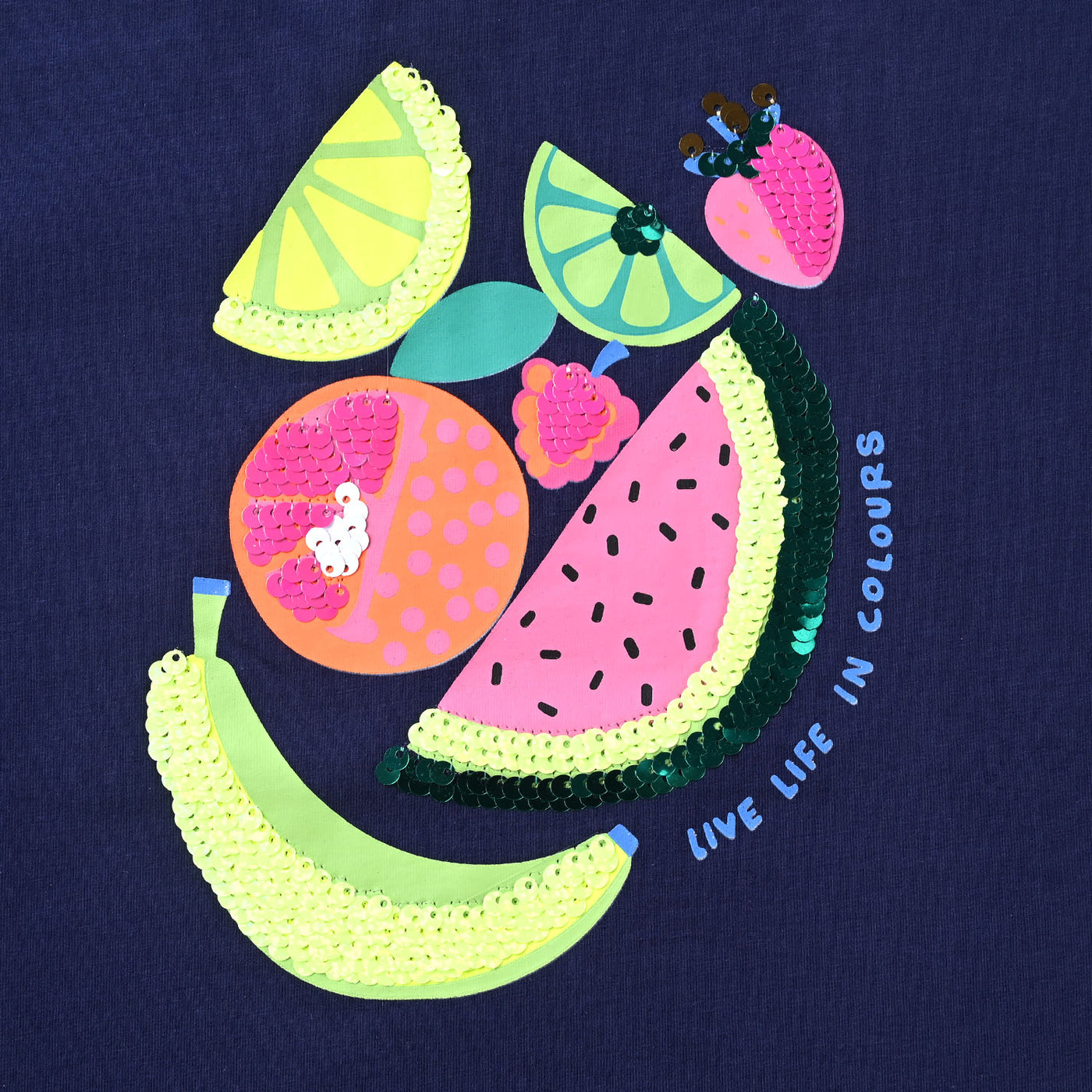 Girls Lycra Jersey T-Shirt Fruits-NAVY