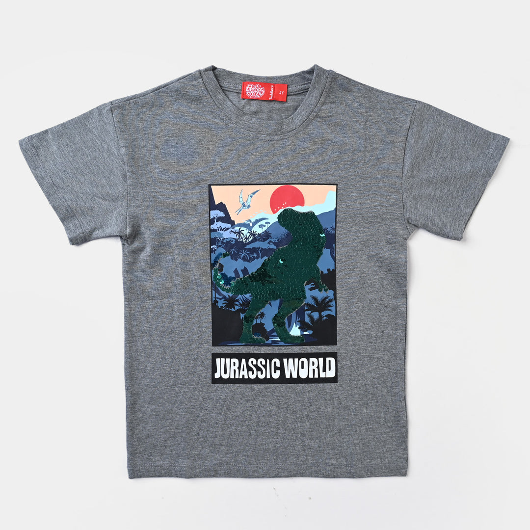 Boys Lycra Jersey T-Shirt Dinosaur World-GREY