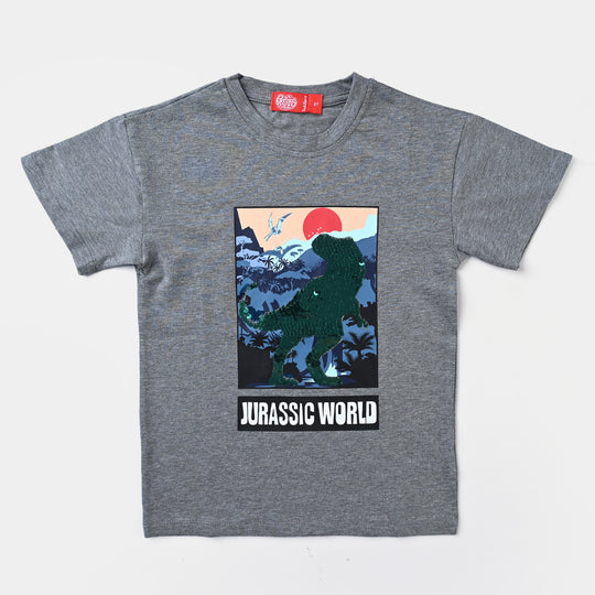 Boys Lycra Jersey T-Shirt Dinosaur World-GREY