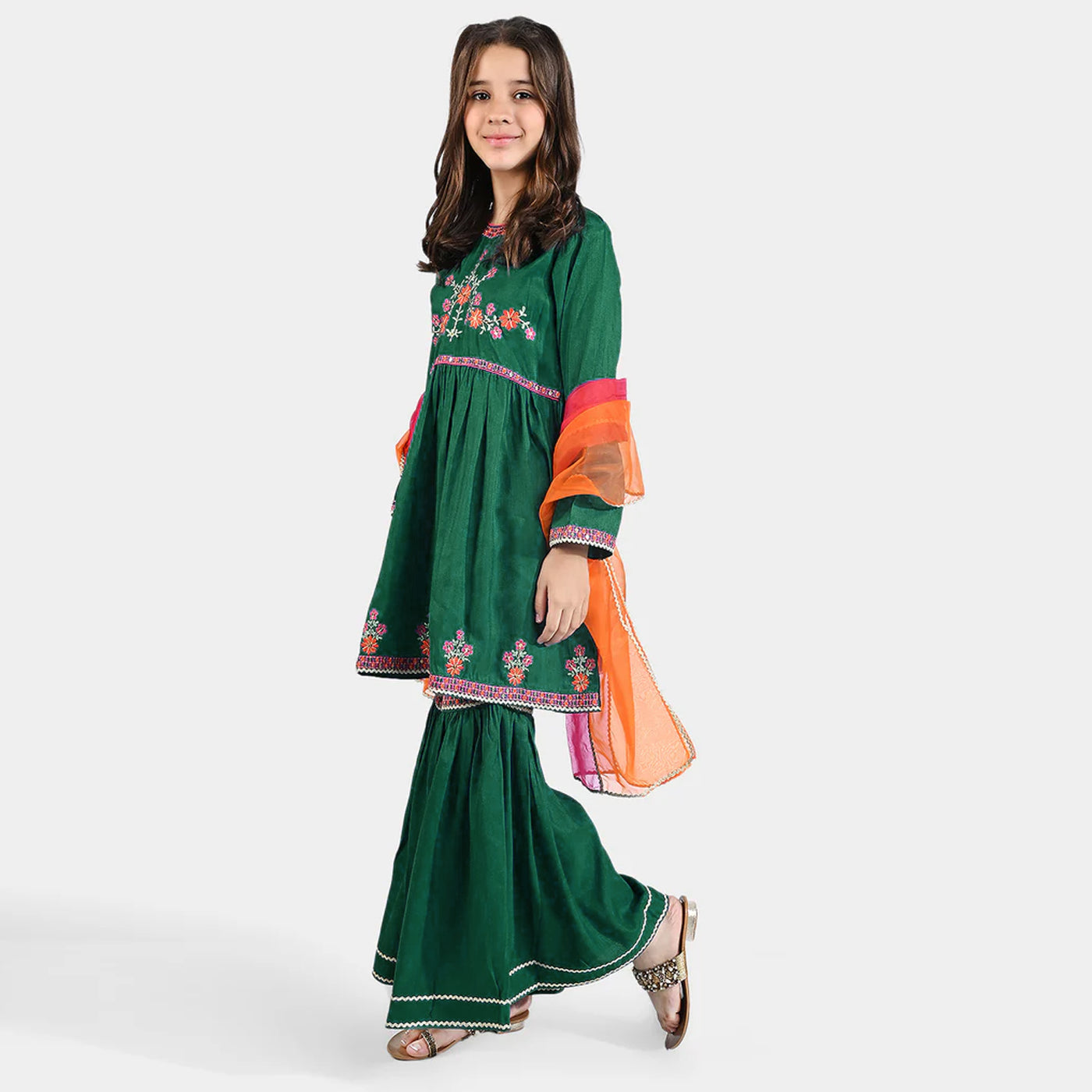 Girls Raw Silk 3PCs Suit Embroidered Flowers