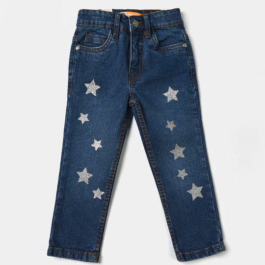 Girls Denim Stretch Pant Glitter Star-Mid Blue