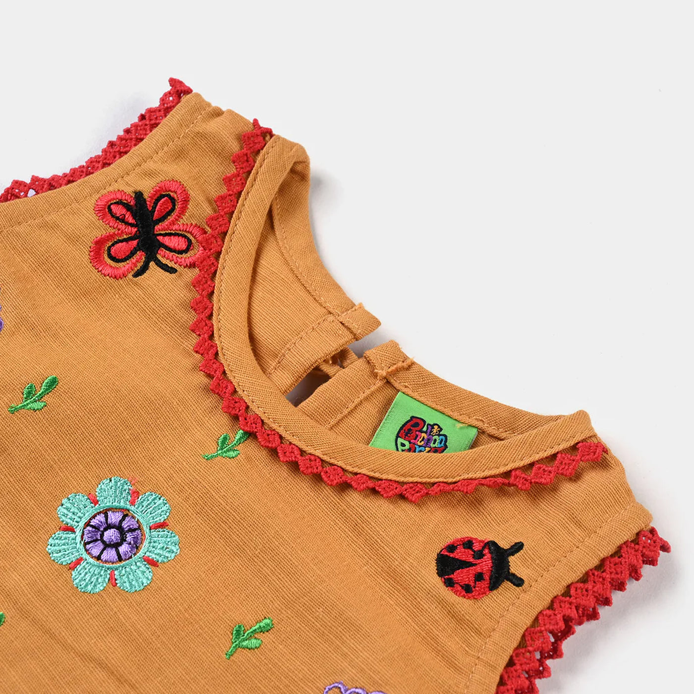 Infant Girls Cotton Slub Embroidered Kurti Glowing Flowers-Mustard