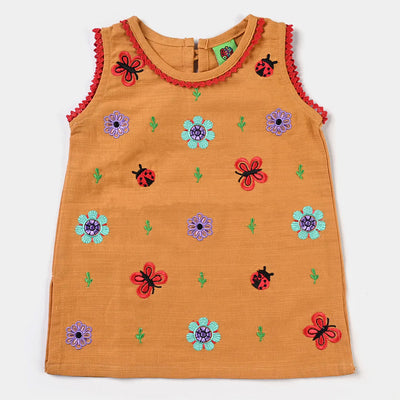 Infant Girls Cotton Slub Embroidered Kurti Glowing Flowers-Mustard