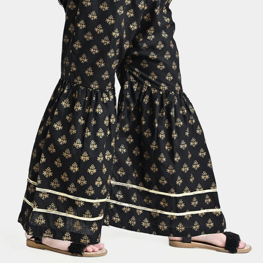 Girls Cotton Screen Print Gharara-BLACK