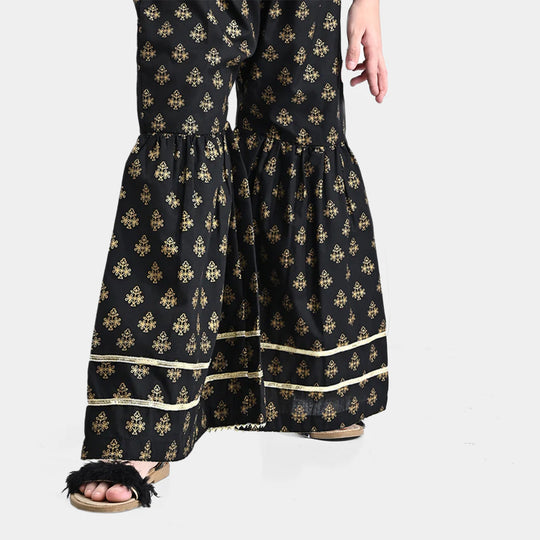 Girls Cotton Screen Print Gharara-BLACK