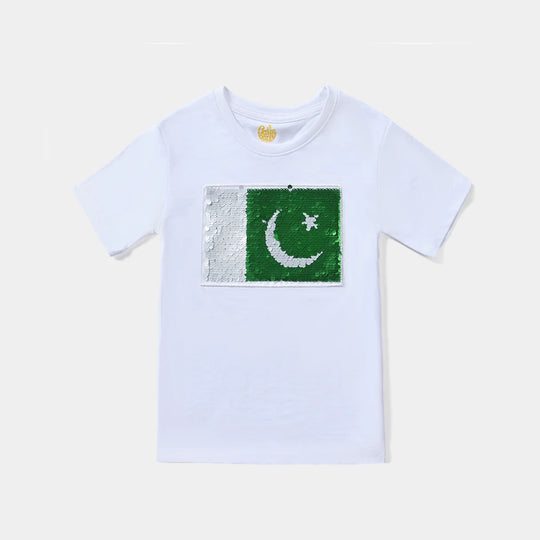Boys Poly Cotton Jersey T-Shirt H/S Kids Sequins Flag-White