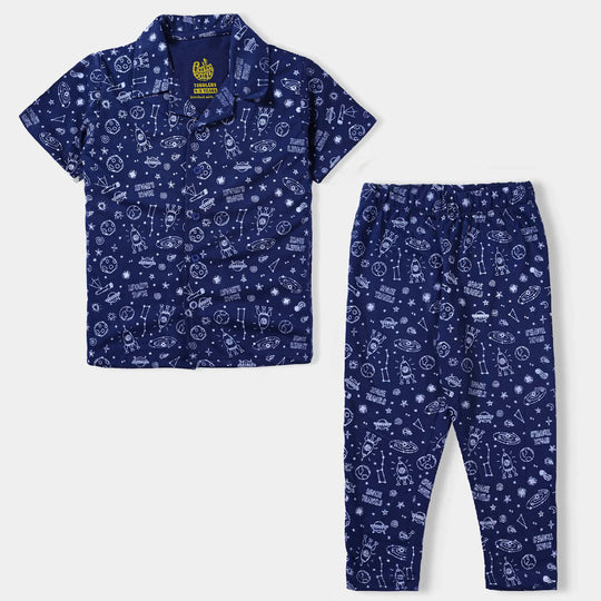 Boys Poly Cotton Jersey Knitted NightWear Space Travels-Navy Peony