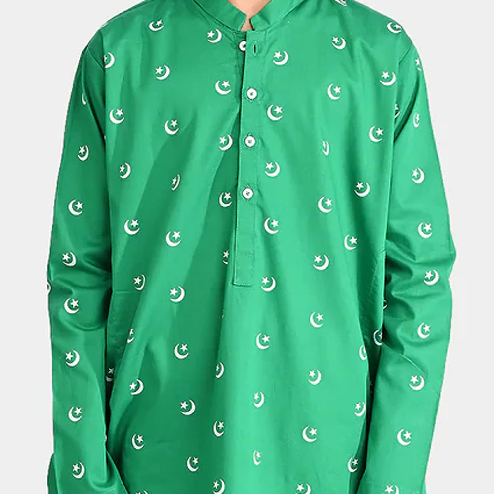 Boys Cotton Poplin Printed Kurta (Chand Sitara)-Green