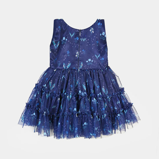 Infant Girls Net Fancy Frock Gathered-Blue