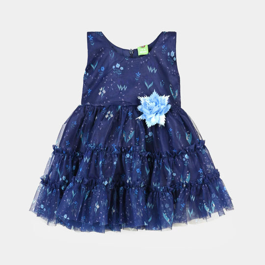 Infant Girls Net Fancy Frock Gathered-Blue