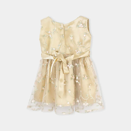 Infant Girls Net Fancy Frock Baby Floral-BEIGE