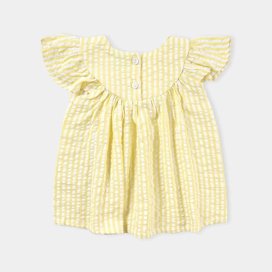 Infant Girls Poly Cotton Casual Frock Caroyan Stripe-Yellow