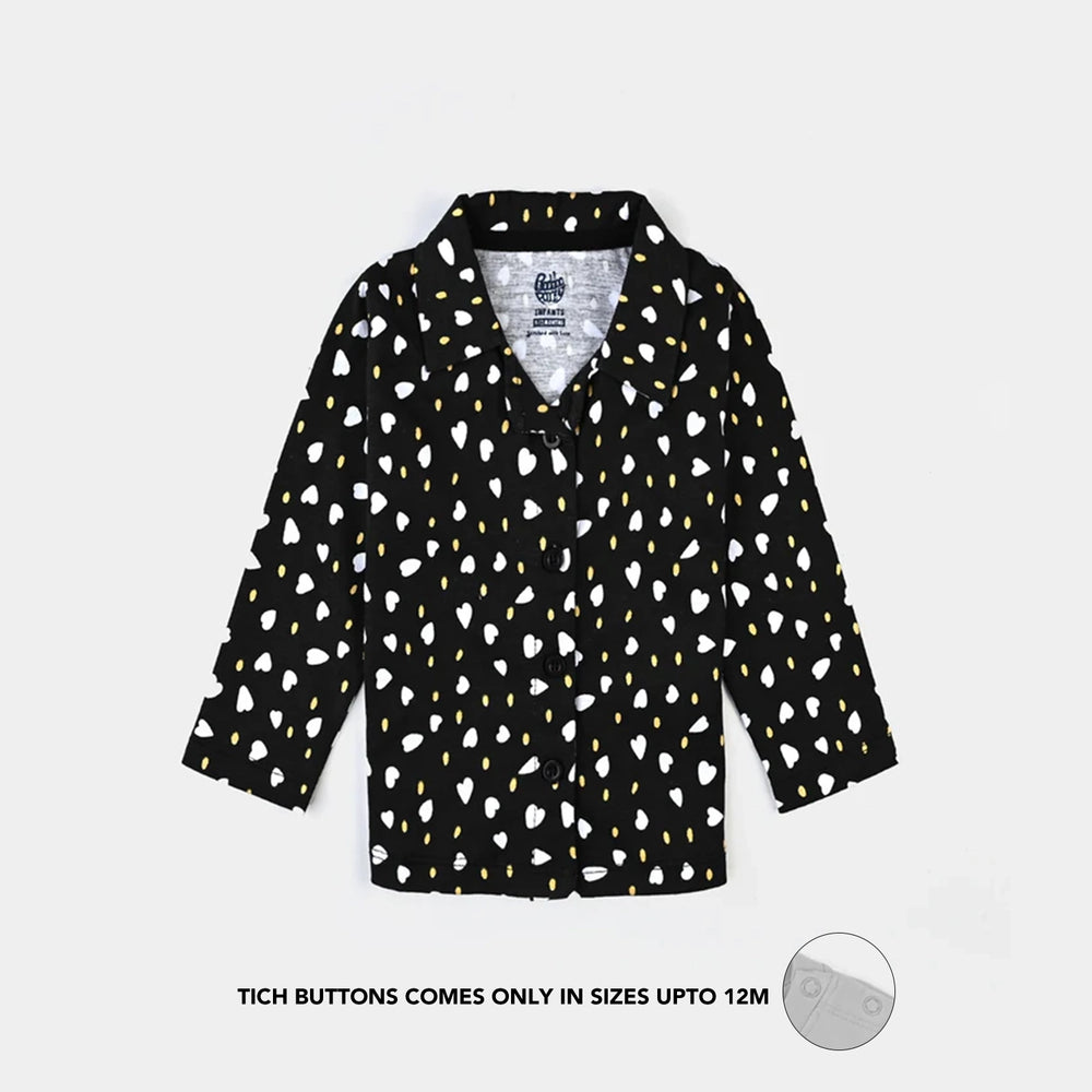 Infant Girls Poly Cotton Knitted Night Suit Polka Hearts-Jet Black
