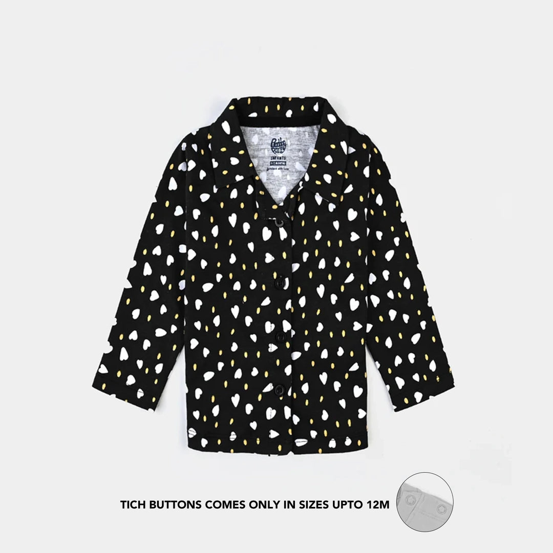 Infant Girls Poly Cotton Knitted Night Suit Polka Hearts-Jet Black