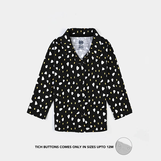 Infant Girls Poly Cotton Knitted Night Suit Polka Hearts-Jet Black