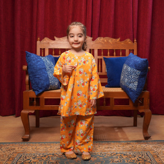 Girls Poly Lawn Printed 2 Pcs Vintage Floral-Yellow