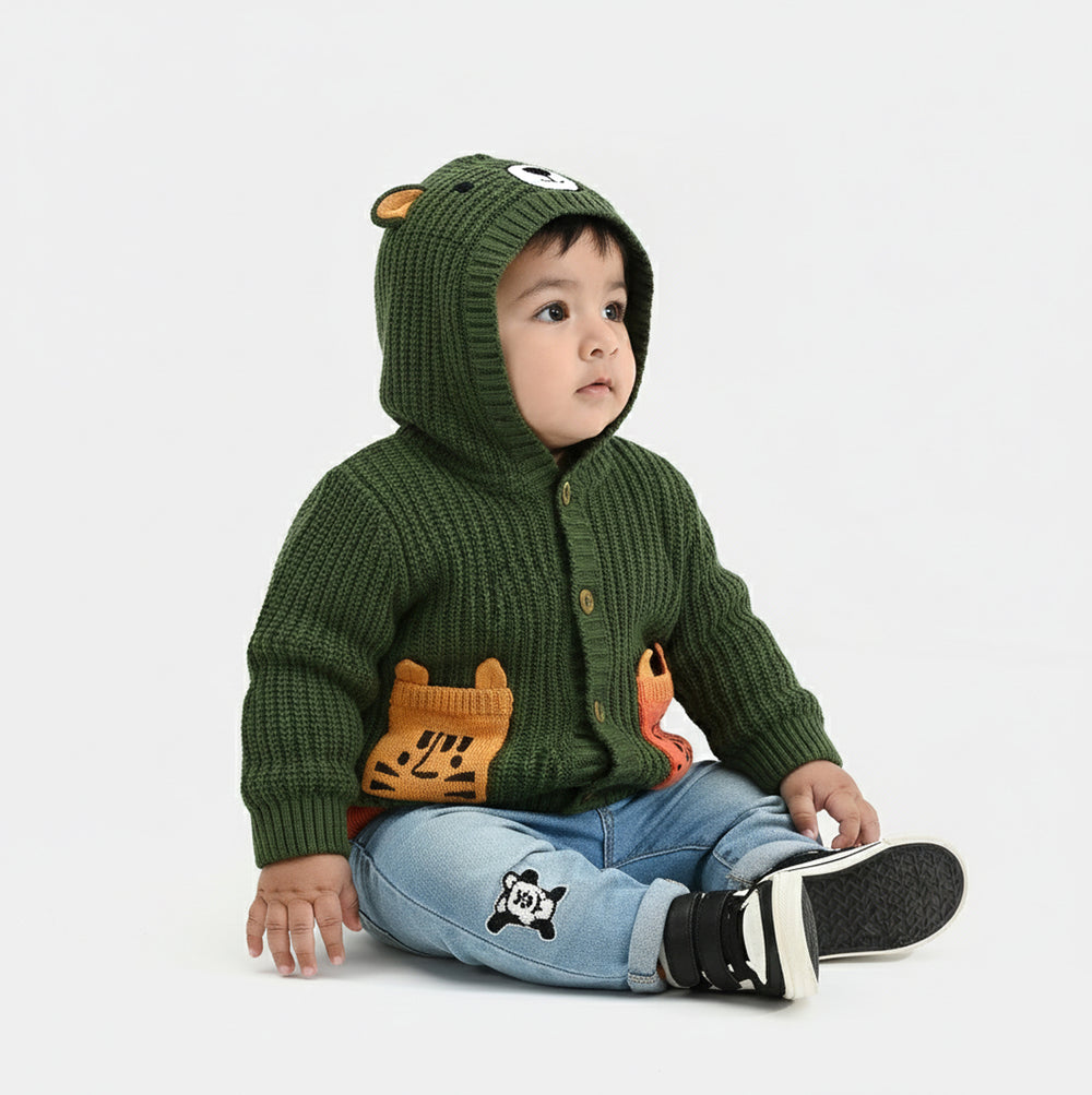 Infant Boys Cotton Sweater Animal Pocket-Green