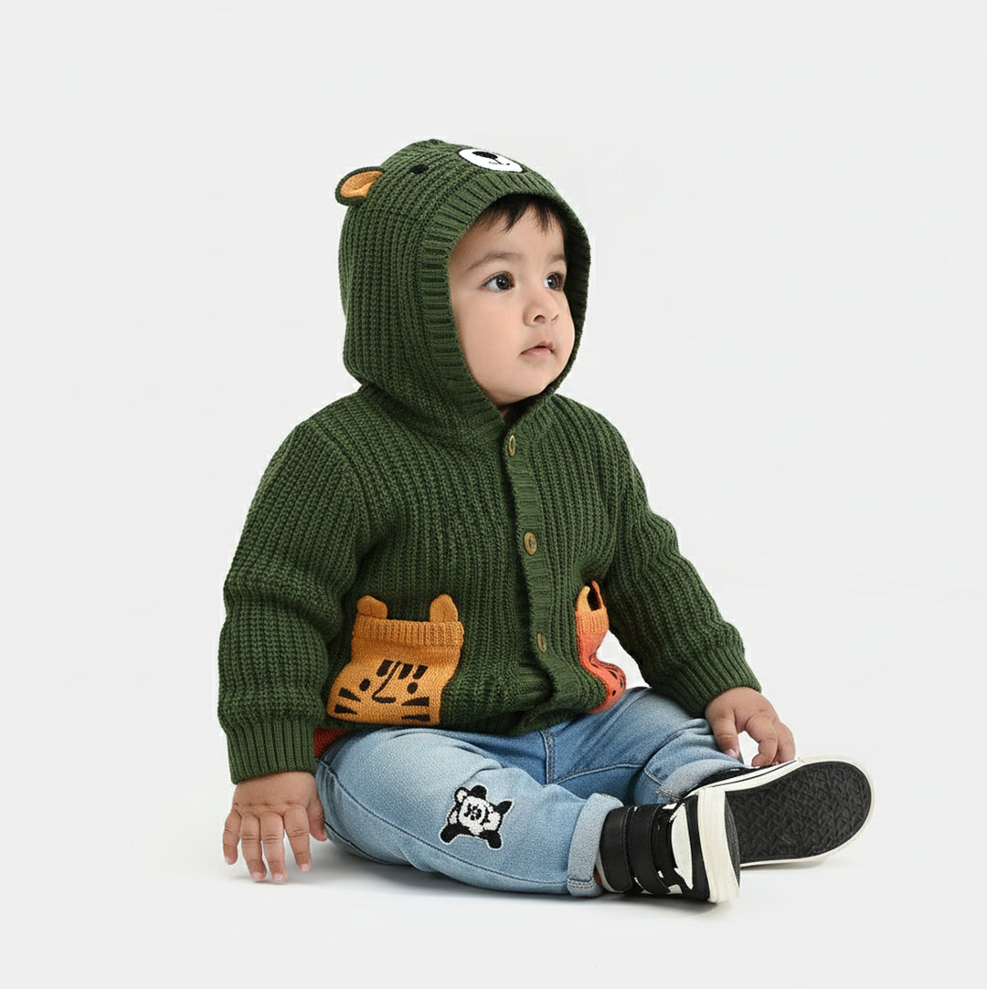 Infant Boys Cotton Sweater Animal Pocket-Green