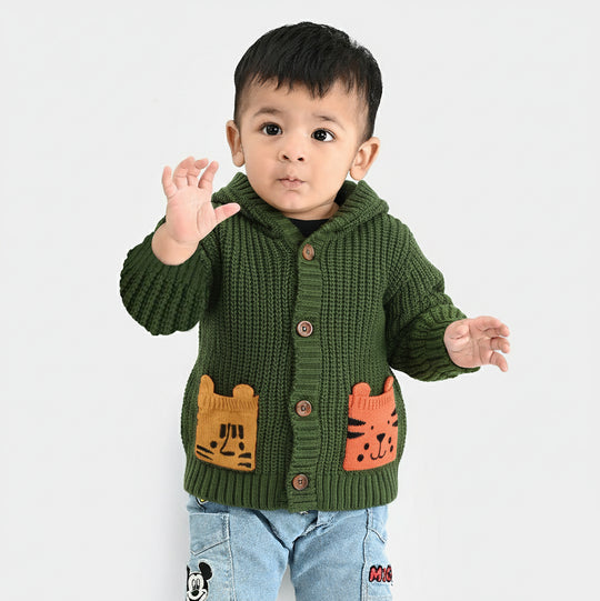 Infant Boys Cotton Sweater Animal Pocket-Green