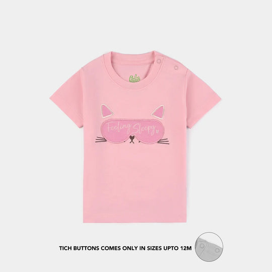Infant Girls Poly Cotton Jersey Night Suit FEELING SLEEPY-Candy Pink