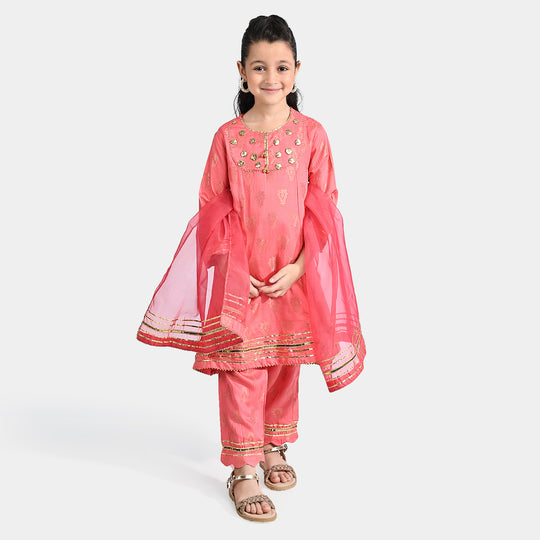 Girls Jacquard 3 Pcs Suit Raqs - Pink