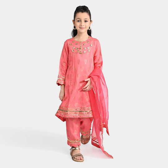 Girls Jacquard 3 Pcs Suit Raqs - Pink