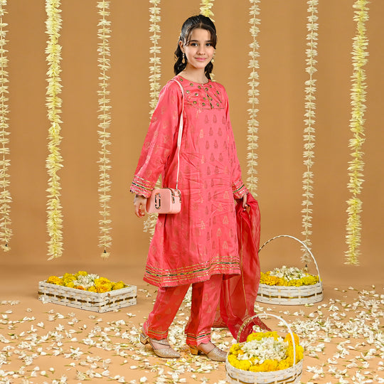 Girls Jacquard 3 Pcs Suit Raqs - Pink