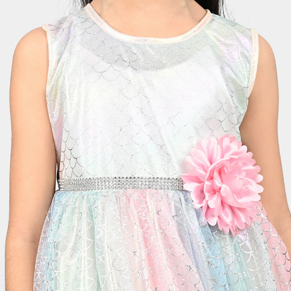 Girls Net Fancy Frock Rainbow-Multi