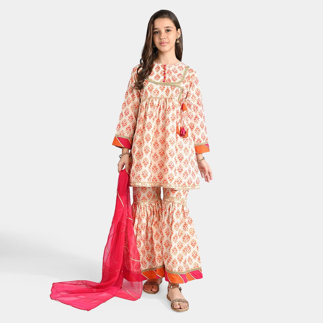 Girls Poly Cambric 3 Pcs Gulzar-E-Noor-OFF White