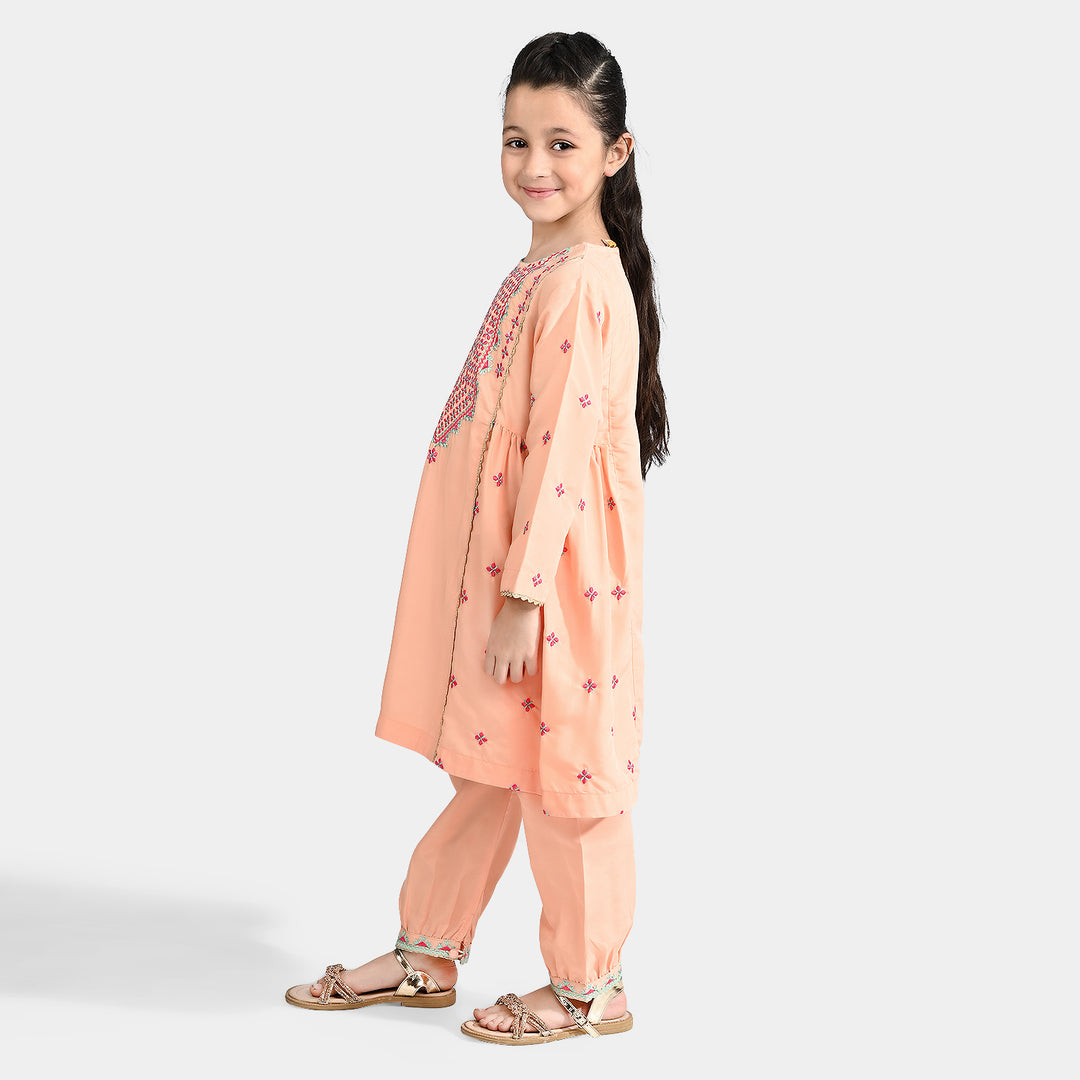 Girls Poly Cambric Emb 2 Pcs Reet - Peach