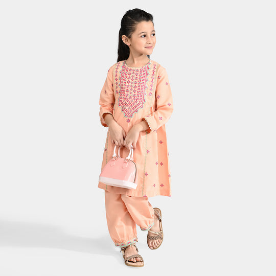 Girls Poly Cambric Emb 2 Pcs Reet - Peach