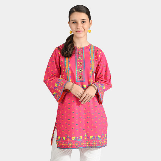 Girls Cotton Printed Kurti Truck Art-Pink