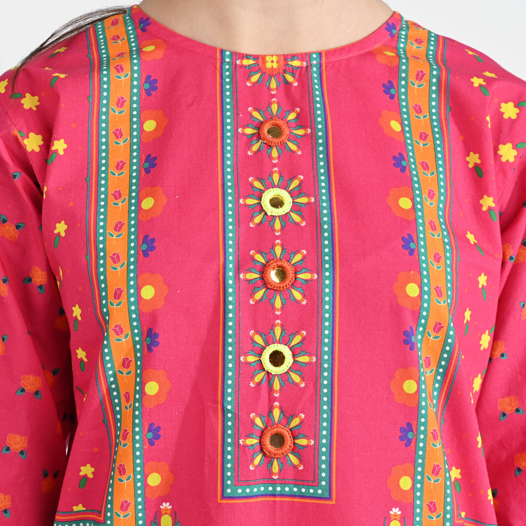 Girls Cotton Printed Kurti Truck Art-Pink