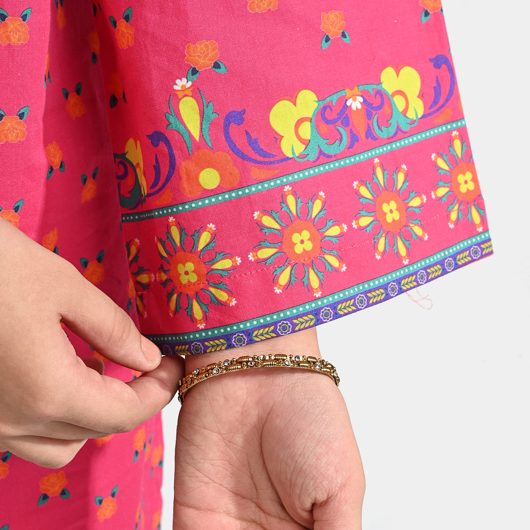 Girls Cotton Printed Kurti Truck Art-Pink