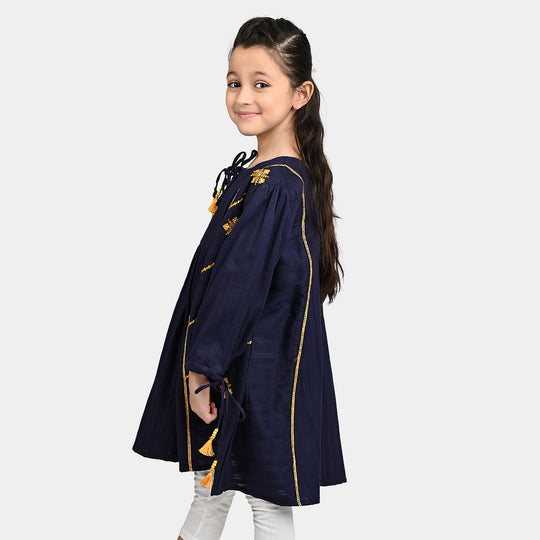 Girls Cotton Emb Long Kurti Midnight - Navy Blue