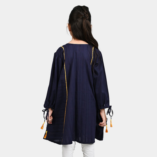 Girls Cotton Emb Long Kurti Midnight - Navy Blue