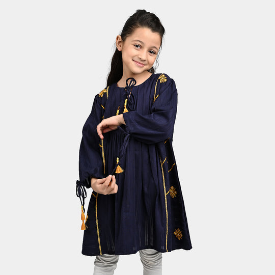 Girls Cotton Emb Long Kurti Midnight - Navy Blue