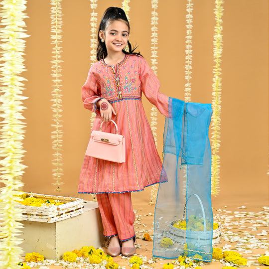 Girls Jacquard Fancy 3 Pcs Suit Roshni-Peach