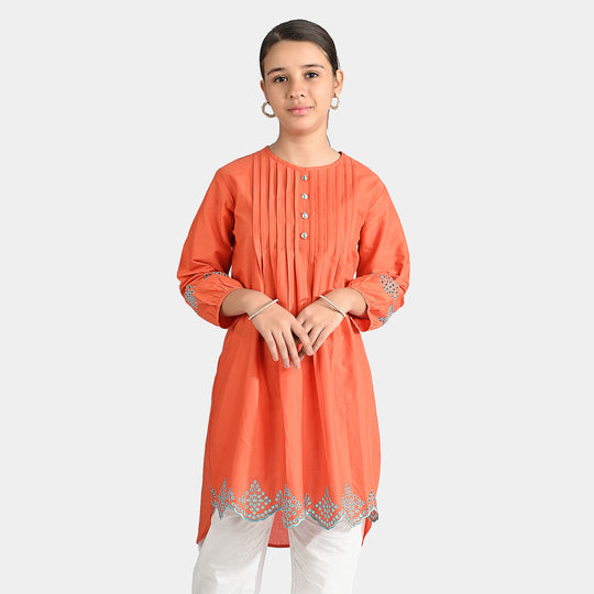 Girls Cotton Poplin Emb Kurti Pleated