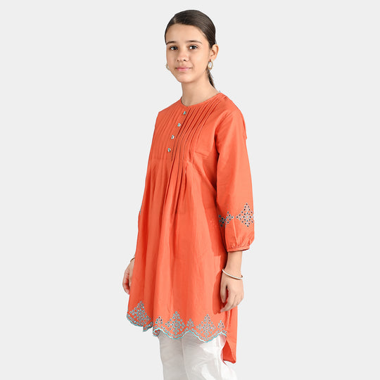 Girls Cotton Poplin Emb Kurti Pleated