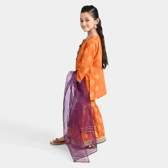 Girls Jacquard 3 Pcs Suit Shama - Rust