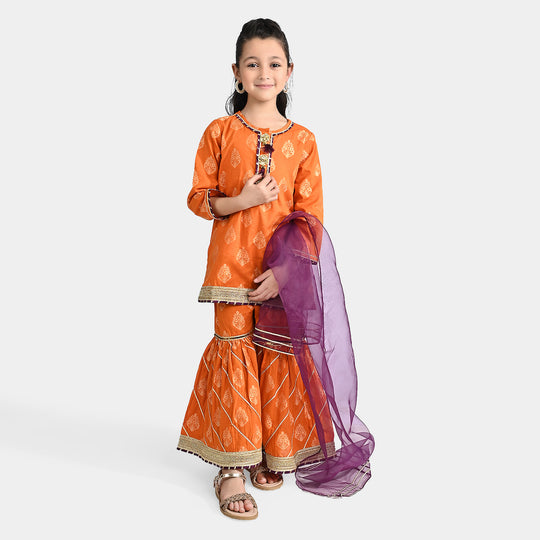 Girls Jacquard 3 Pcs Suit Shama - Rust