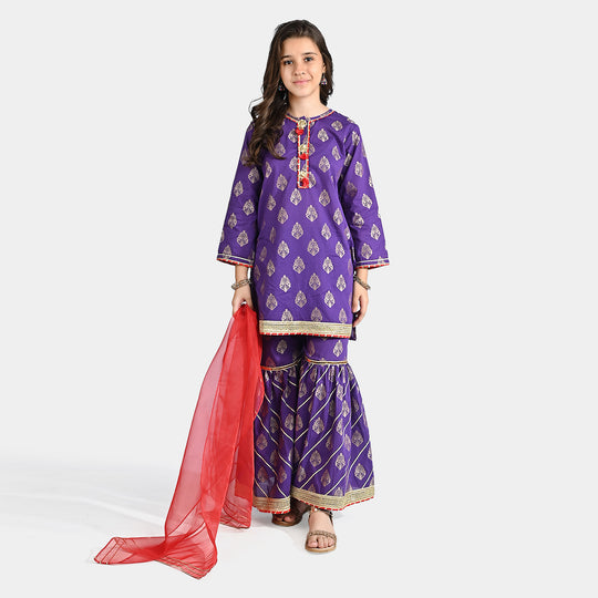 Girls Jacquard 3 Pcs Suit Shama-Purple