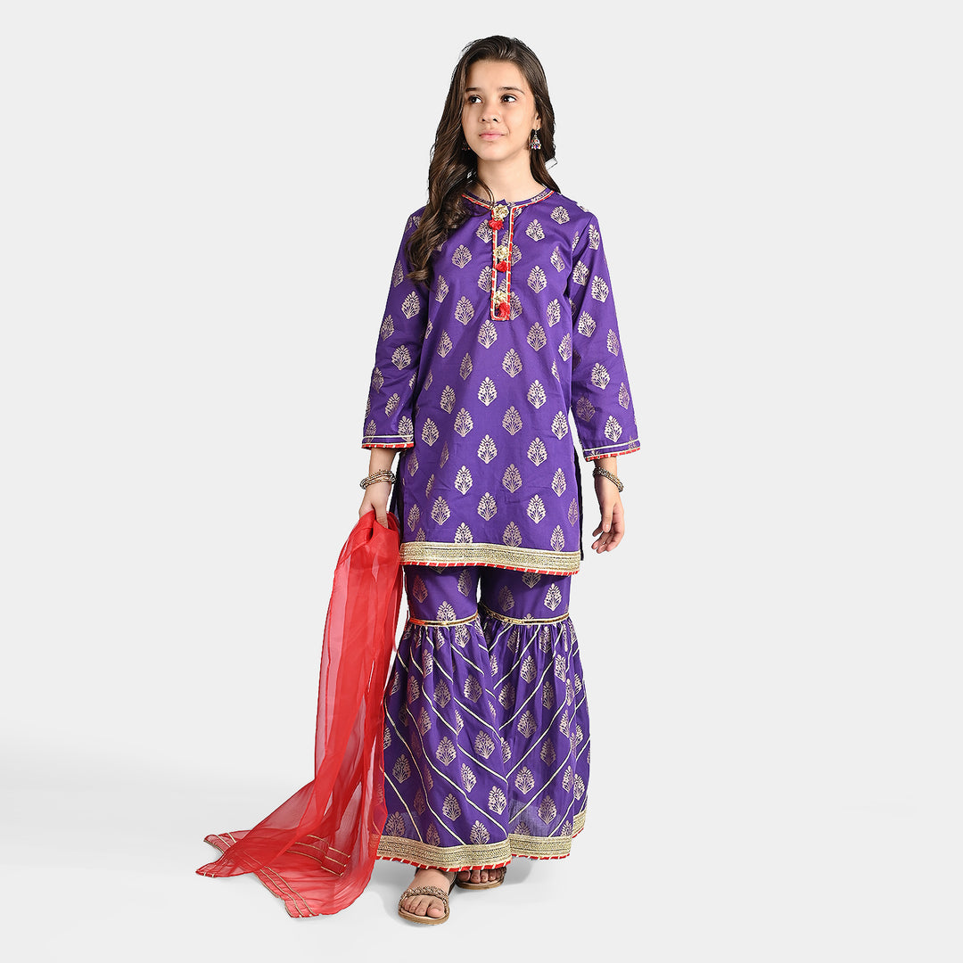 Girls Jacquard 3 Pcs Suit Shama-Purple