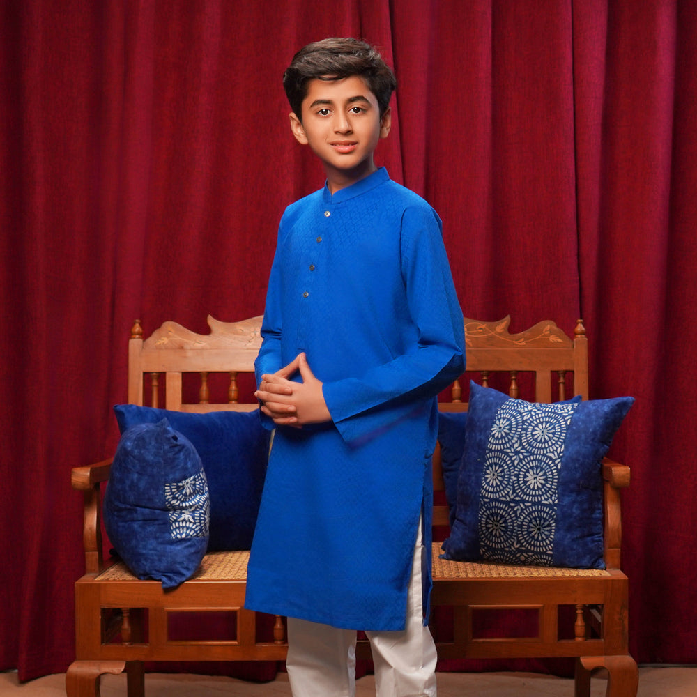 Boys Cotton Basic Kurta (Ogee Pattern)-Blue