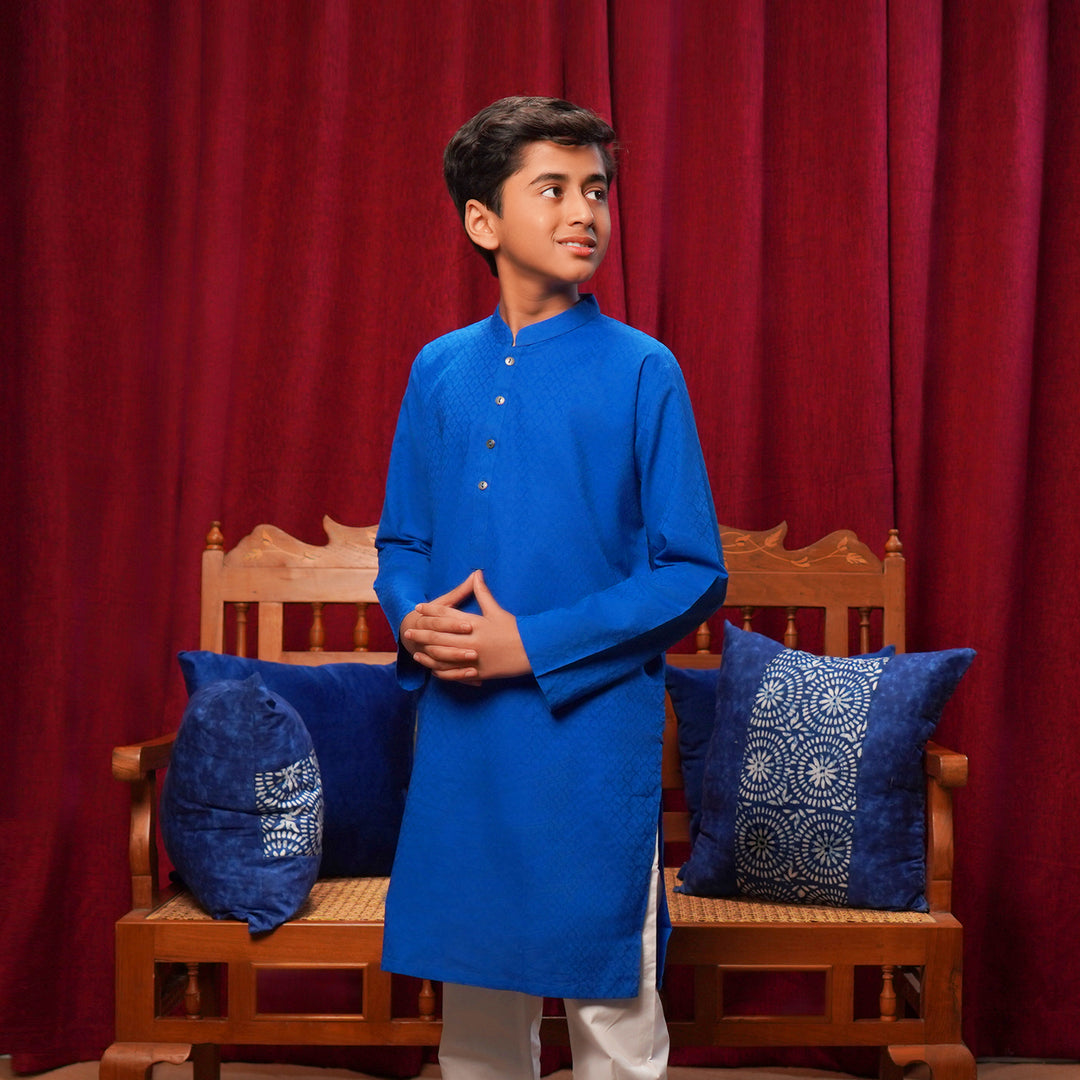 Boys Cotton Basic Kurta (Ogee Pattern)-Blue