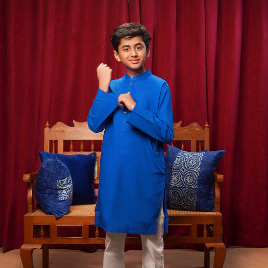 Boys Cotton Basic Kurta (Ogee Pattern)-Blue